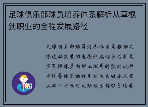 足球俱乐部球员培养体系解析从草根到职业的全程发展路径